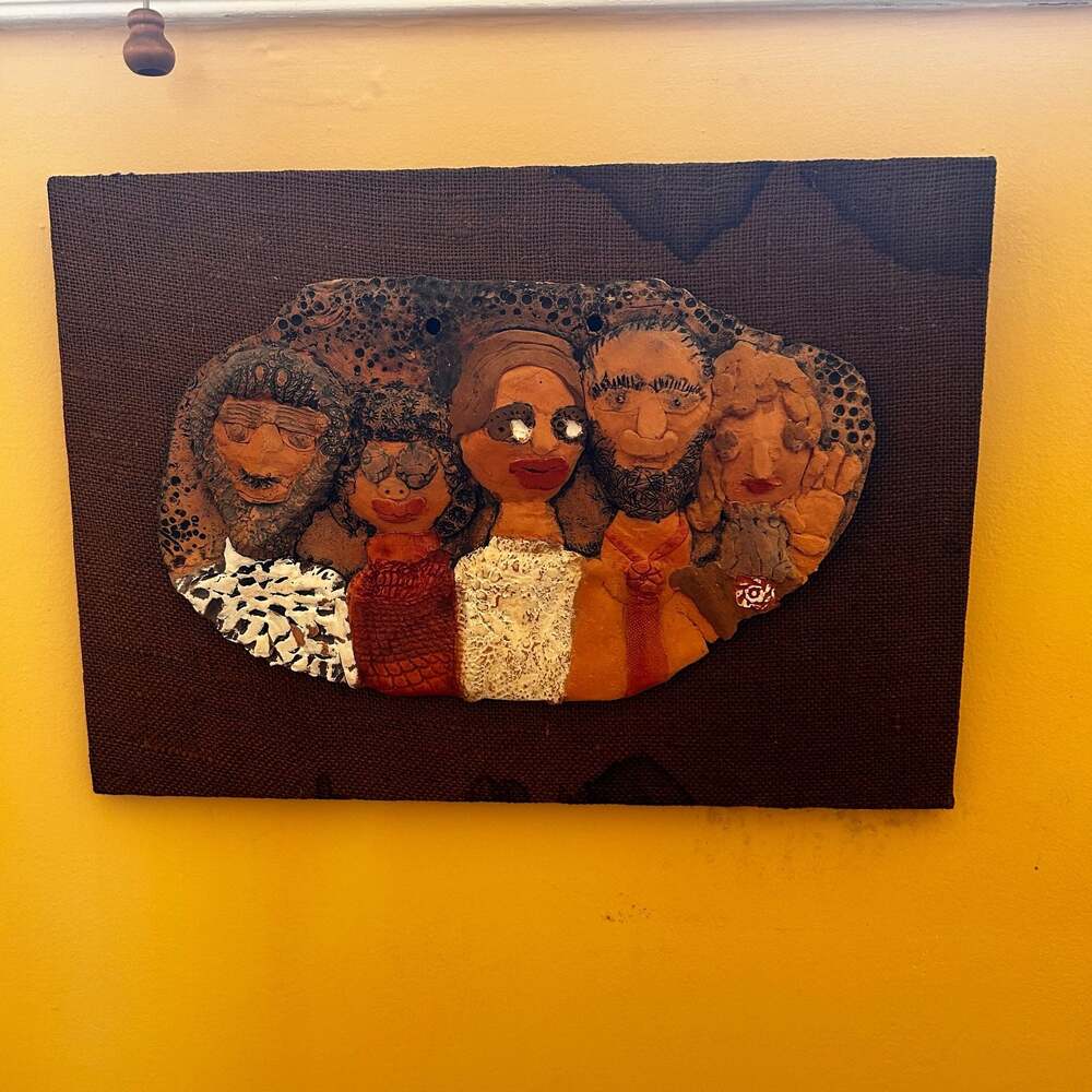 Vtg Mixed Media Clay and Burlap Folk Art Wall Plaque Featuring Group Portrait